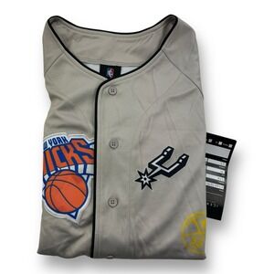 Ultra Game x NBA Short Sleeve Graphic Stitched Button Up - Tan w NBA Logo Medium